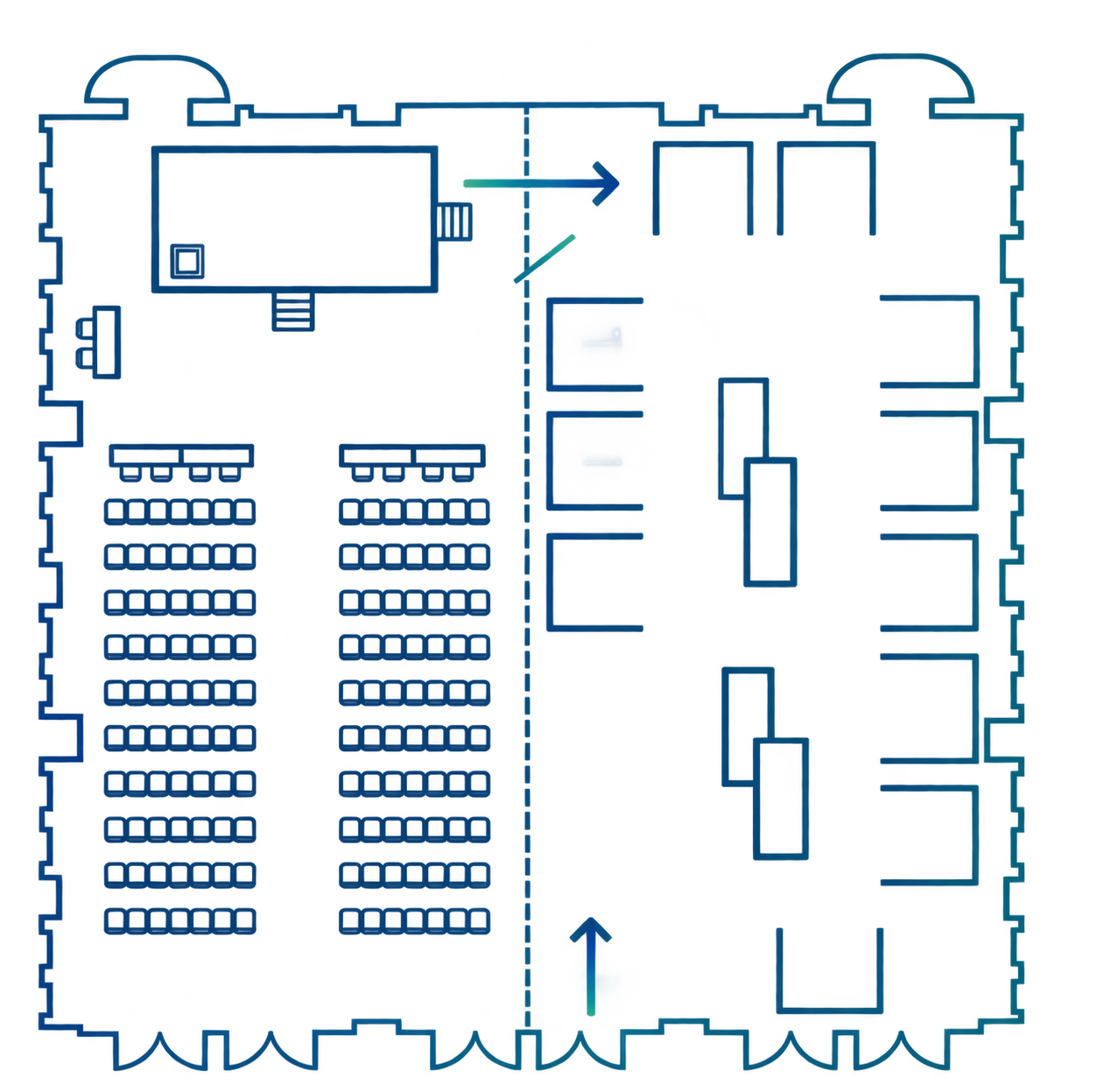 Pavilion event floor plan: stage and theatre seating on the left, nine exhibition booths on the right